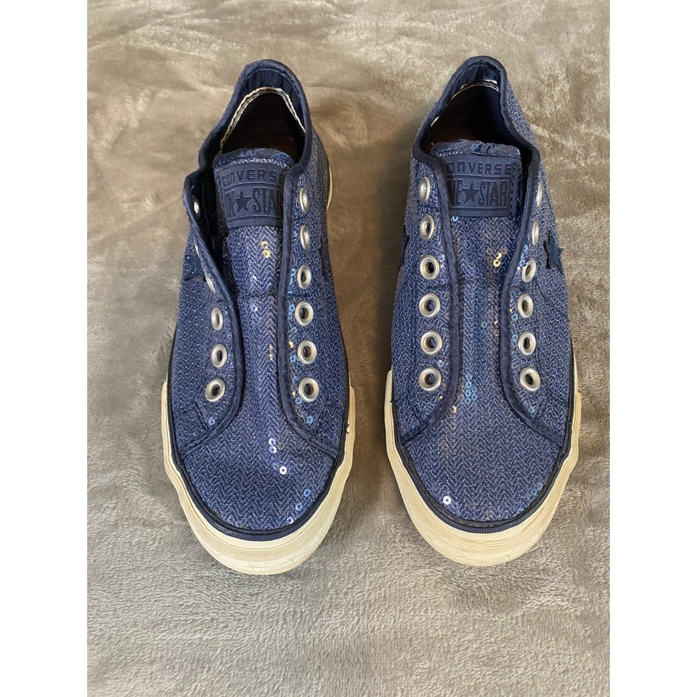 Converse Sneakers Women 7.5 Navy Blue One Star Low Top Sequin Sparkle Slip On - Picture 4 of 10